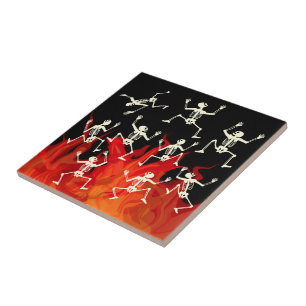 Dancing Skeletons On Fire Flames For Halloween Tile