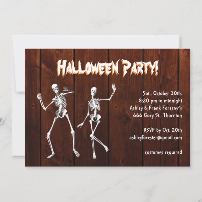 Dancing Skeletons on Wood Halloween Invitation (Front)
