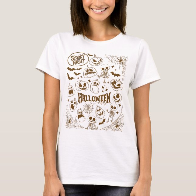 Dancing Skeletons & Pumpkin - Spooky Halloween T-Shirt (Front)