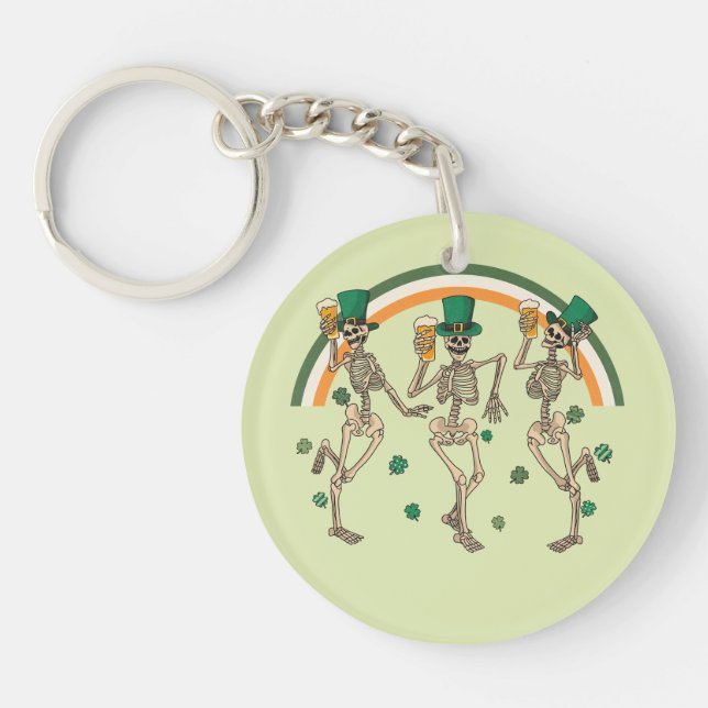Dancing Skeletons with Beer and Shamrocks Key Ring (Front)