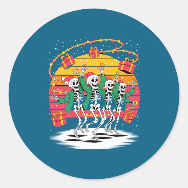 Dancing Skeletons With Santa Hats Christmas Lights Classic Round Sticker (Front)