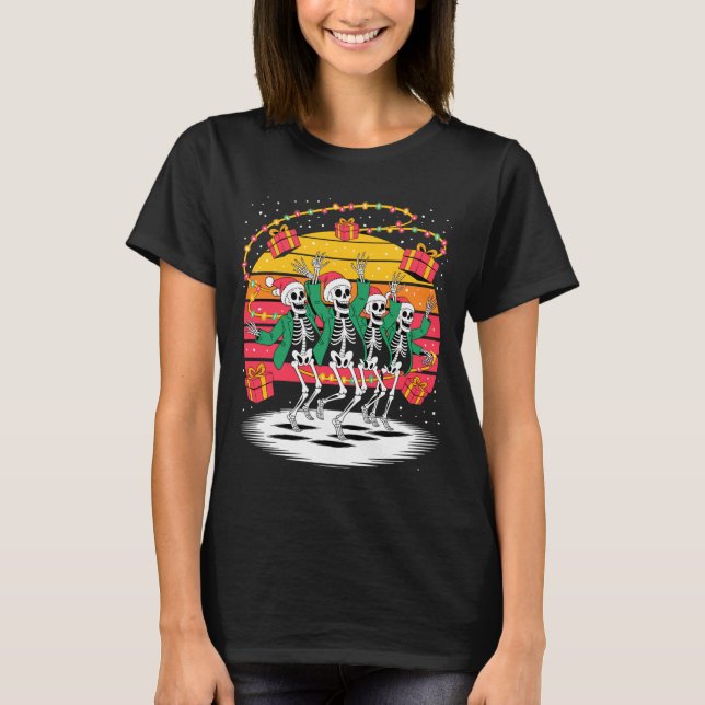 Dancing Skeletons With Santa Hats Christmas Lights T-Shirt (Front)