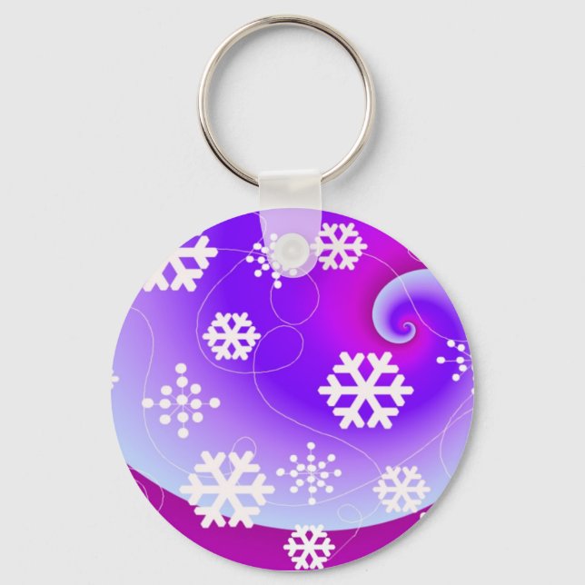 Dancing Snowflakes on a Purple Swirl Background Key Ring (Front)