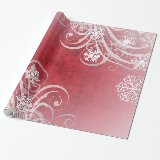 Dancing Snowflakes Red Holiday Wrapping Paper (Unrolled)