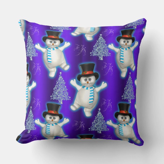 Dancing Snowman Christmas Blue Cushion (Front)