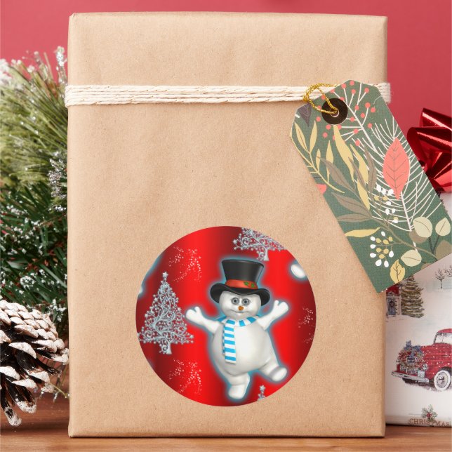 Dancing Snowman on Red Christmas Classic Round Sticker (Holiday)