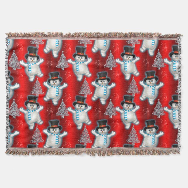 Dancing Snowmen on Red Christmas Throw Blanket (Front)