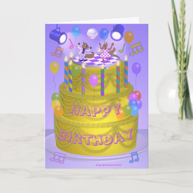 Dancing Squirrels on Cake Birthday Card (Front)
