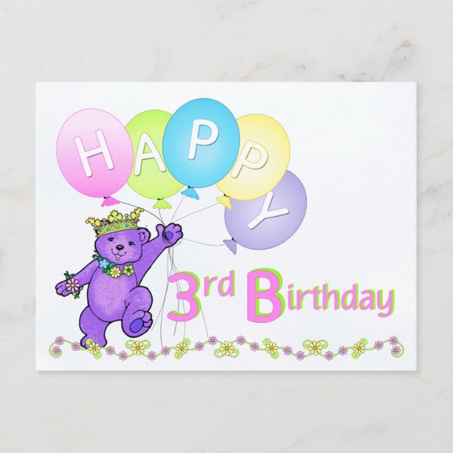 Dancing Teddy Bear 3rd Birthday Postcard (Front)