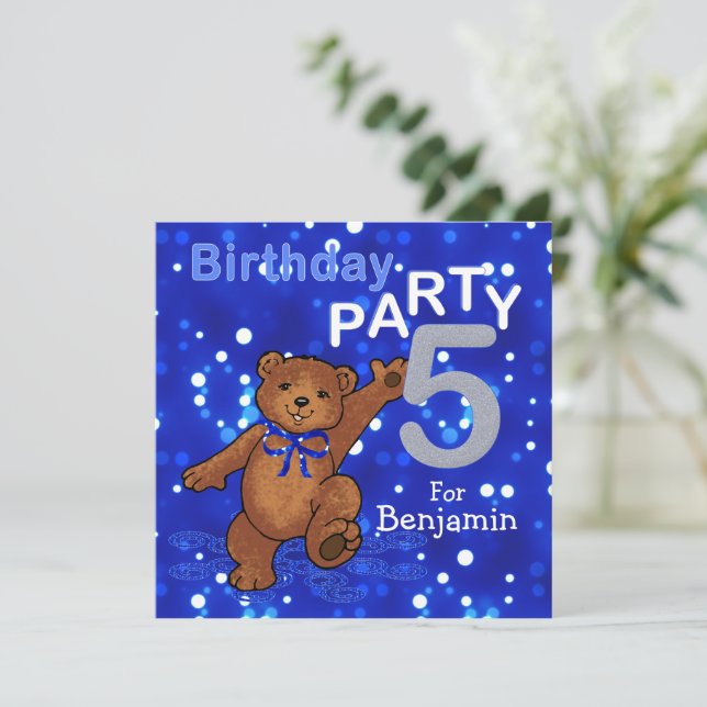 Dancing Teddy Bear 5th Birthday Party Invitation (Standing Front)
