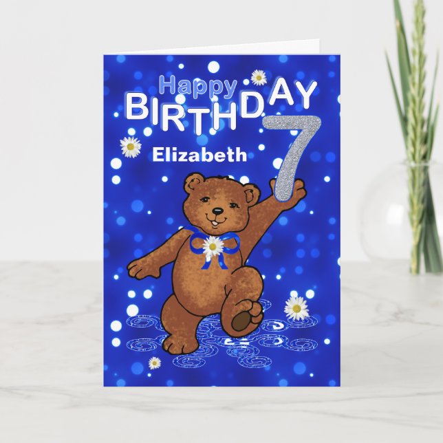 Dancing Teddy Bear 7th Birthday for Girl Card (Front)