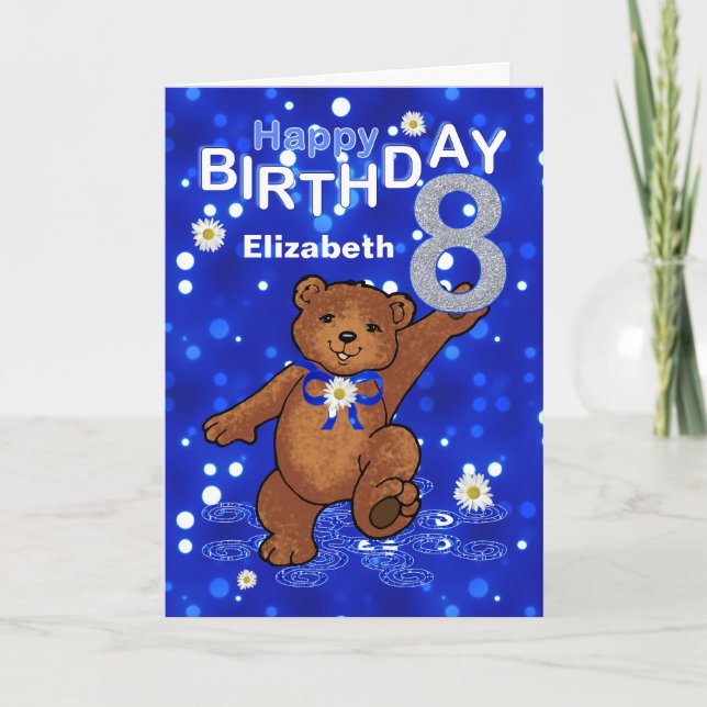 Dancing Teddy Bear 8th Birthday for Girl Card (Front)