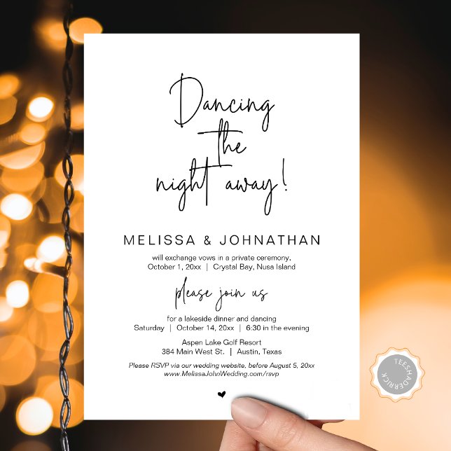 Dancing the night away, Wedding Elopement Party Invitation (Dancing the night away, Wedding Elopement Dinner Party and Dancing Invitation Card, Downloadable)