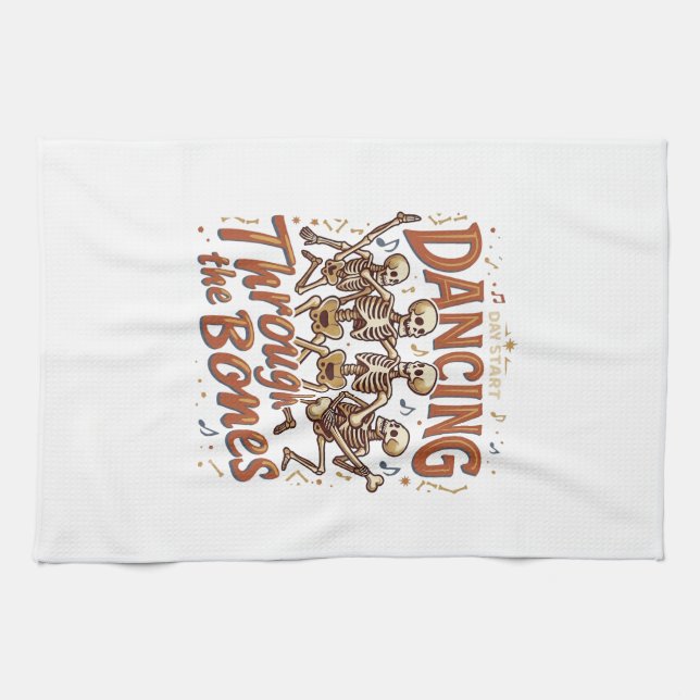 Dancing Through Bones Halloween Skeletons Music Ce Tea Towel (Horizontal)