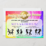 Dancing Through the Decades Invitations, Decades Invitation<br><div class="desc">Colourful and totally awesome "dancing through the decades" theme party invitation. Features a swirled rainbow background with a big gold disco ball, and decade dancers along the bottom. Can be used for a birthday, anniversary, fundraiser, theme party, etc. by changing up the text on the invitation. through the decades invitations,...</div>