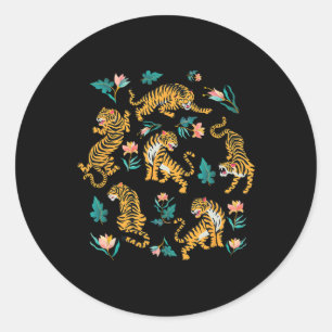 Dancing Tigers Cartoon Graphic Asian Art - Black  Classic Round Sticker