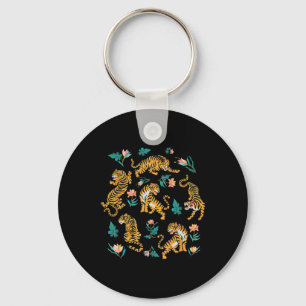 Dancing Tigers Cartoon Graphic Asian Art - Black Key Ring