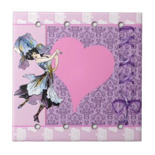 Dancing vintage flower fairy pink design by LeahG Tile
