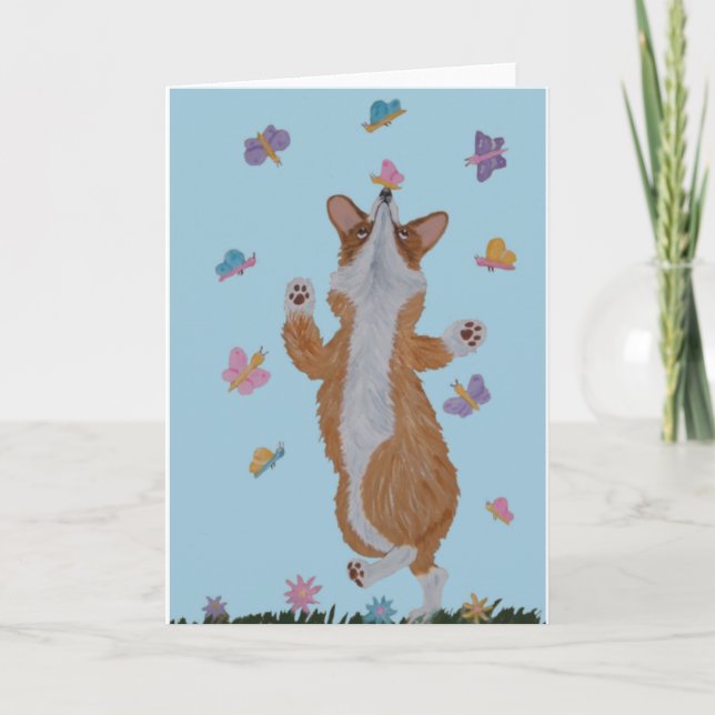 Dancing  Welsh Corgi with butterflies Card (Front)