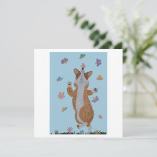 Dancing Welsh Corgi with butterflies Card