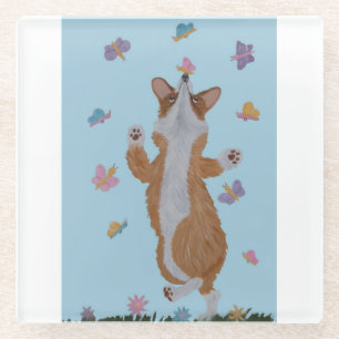 Dancing Welsh Corgi with Butterflies Glass Coaster