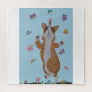 Dancing Welsh Corgi with butterflies Jigsaw Puzzle