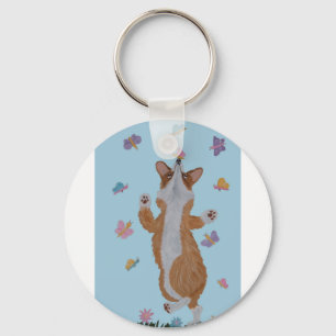 Dancing Welsh Corgi with Butterflies Key Ring