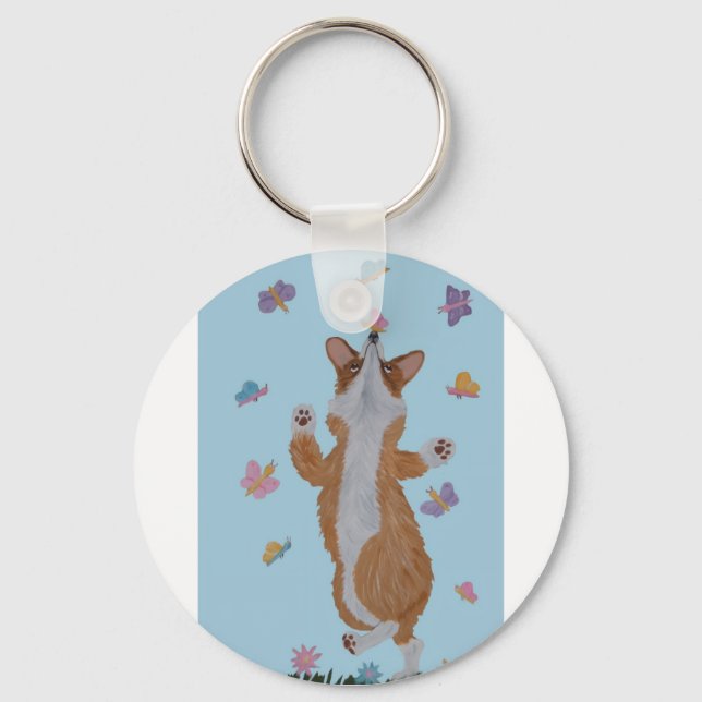 Dancing Welsh Corgi with Butterflies Key Ring (Front)