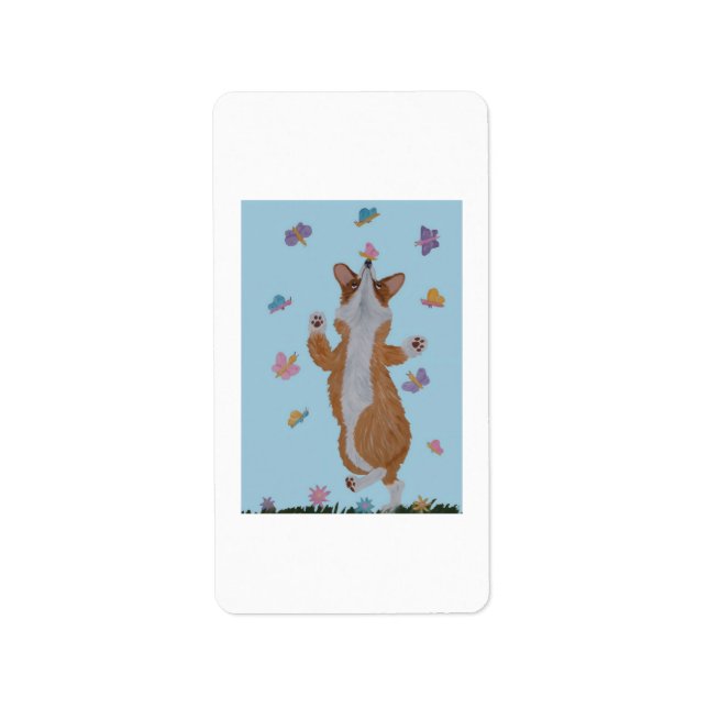 Dancing Welsh Corgi with Butterflies Label (Front)