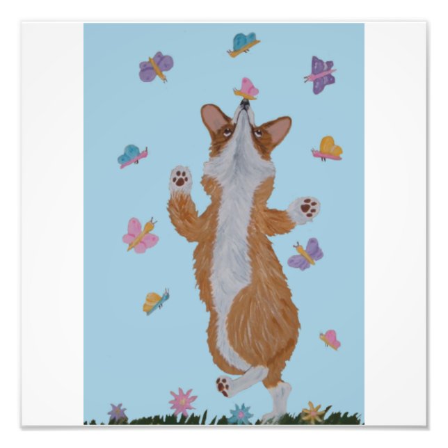 Dancing Welsh Corgi with butterflies Photo Print (Front)