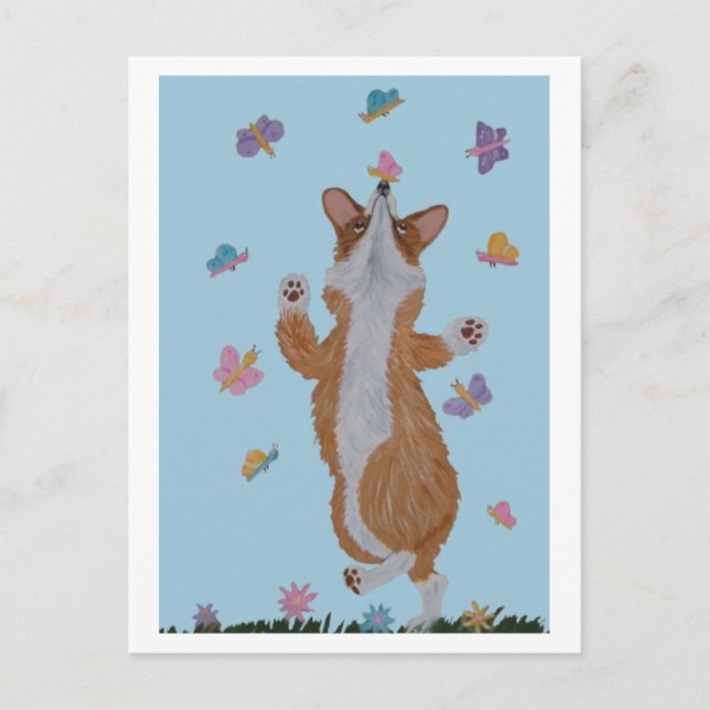Dancing Welsh Corgi with butterflies Postcard (Front)