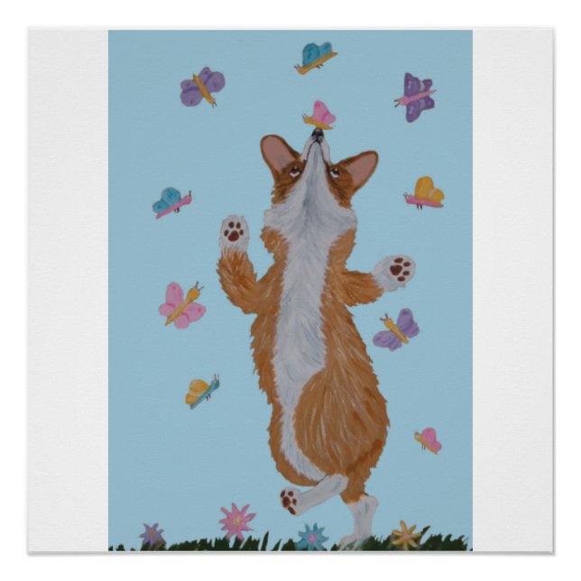 Dancing Welsh Corgi with butterflies Poster (Front)