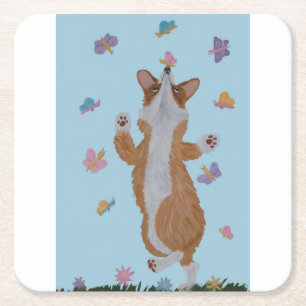 Dancing Welsh Corgi with Butterflies Square Paper Coaster