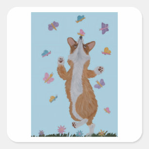Dancing Welsh Corgi with Butterflies Square Sticker