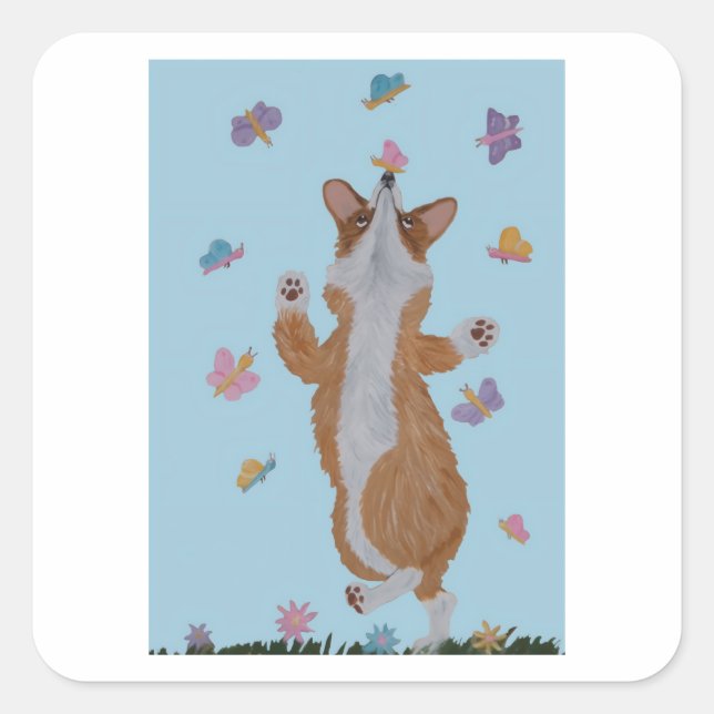 Dancing Welsh Corgi with Butterflies Square Sticker (Front)