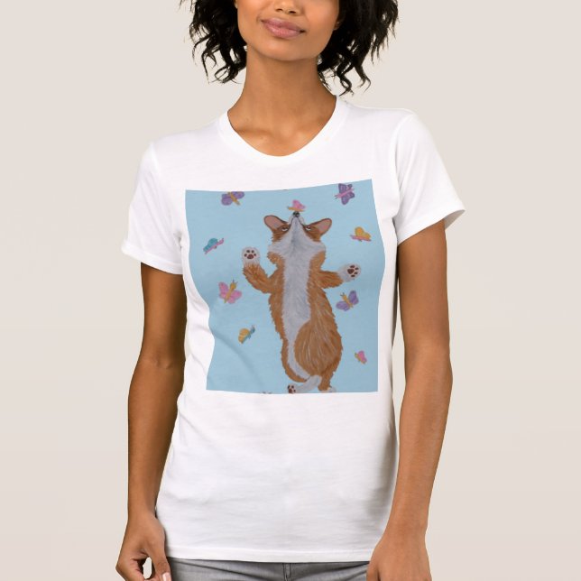 Dancing Welsh Corgi with butterflies T-Shirt (Front)