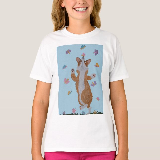 Dancing Welsh Corgi with Butterflies T-Shirt (Front)