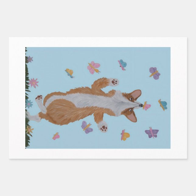 Dancing Welsh Corgi with Butterflies Wrapping Paper Sheet (Front)
