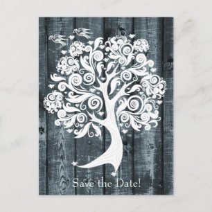 Dancing White Tree Blue Wood Save the Date Announcement Postcard