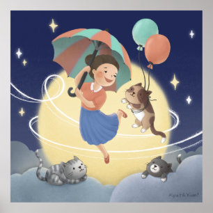 Dancing with Cats at Moonlit Night Poster