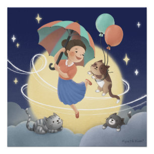 Dancing with Cats at Moonlit Night Poster