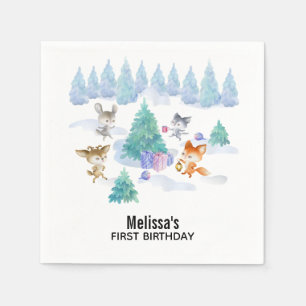 Dancing Woodland Animals Watercolor Birthday Napkin