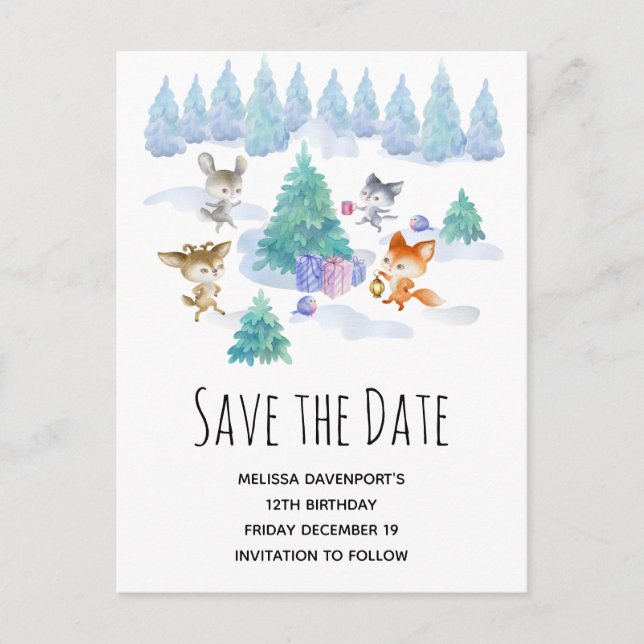 Dancing Woodland Animals Watercolor Save the Date Invitation Postcard (Front)