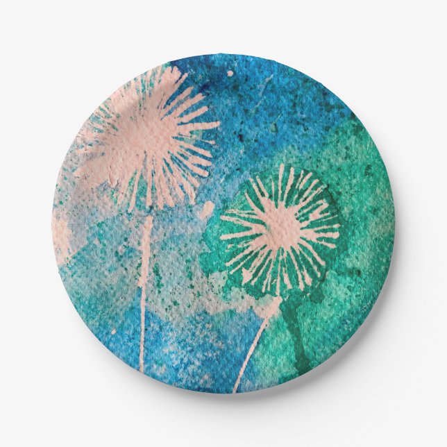 Dandelion abstract watercolor painted paper plate (Front)