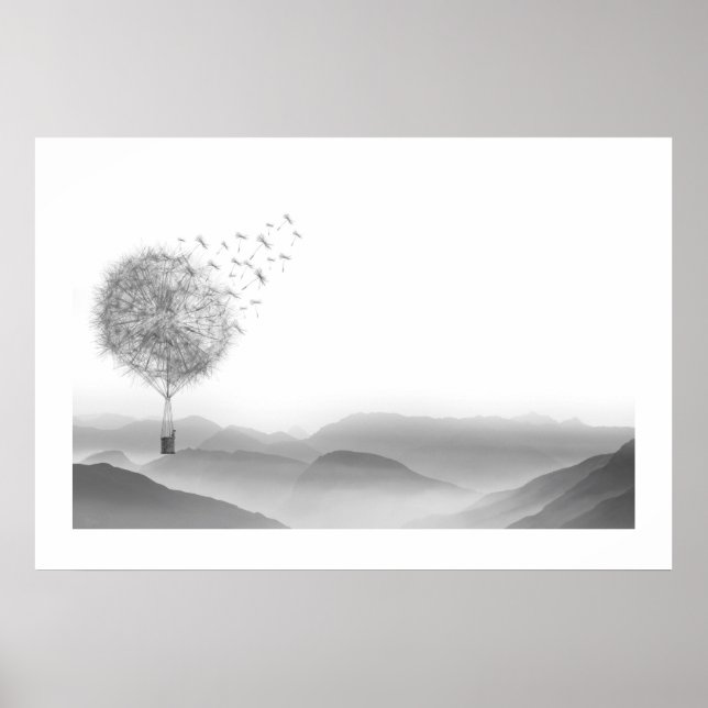 Dandelion Air Balloon Grey Mountains Mystical Poster (Front)