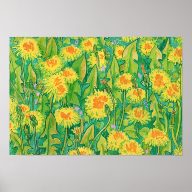 Dandelion Bloom Summer Flowers Floral Green Yellow Poster (Front)