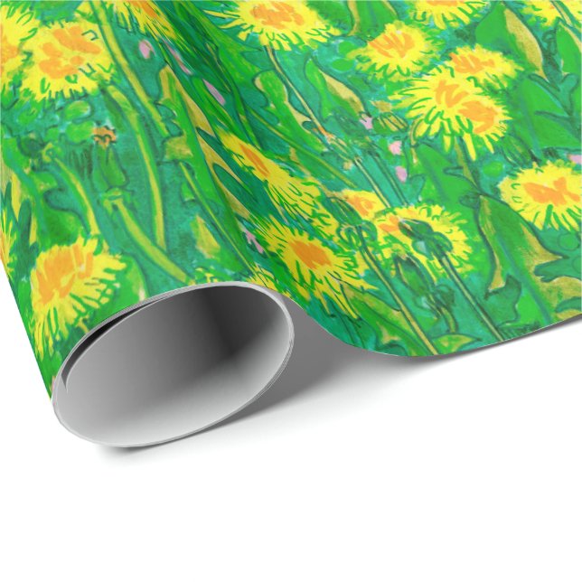 Dandelion Bloom Summer Flowers Floral Green Yellow Wrapping Paper (Roll Corner)