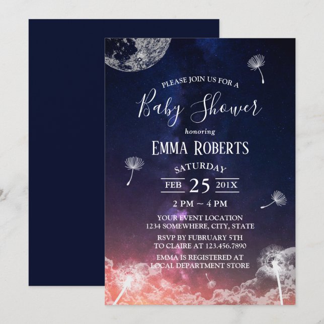 Dandelion Blowing Moon & Stars Baby Shower Invitation (Front/Back)