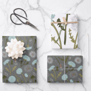 Dandelion Blue Grey Flowers Pattern Wrapping Paper Sheet