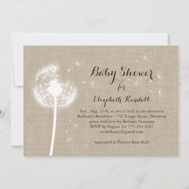 Dandelion Burlap Baby Shower Invitation (Front)